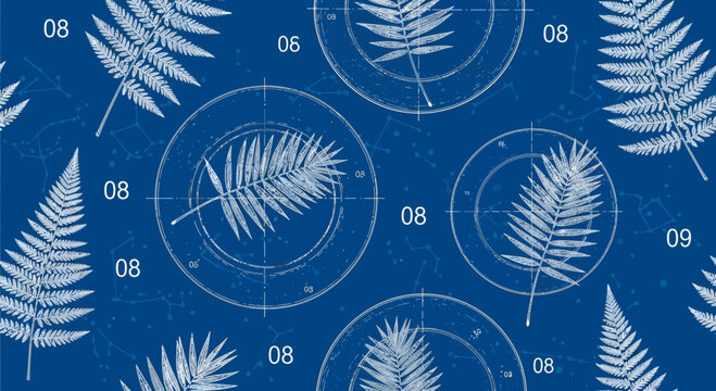 Blueprint fern pattern botanical illustration on blue background