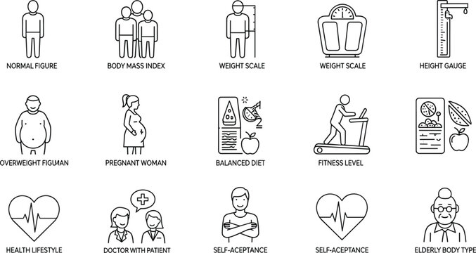 Body Health and Fitness Line Icons Set BMI Weight Scale Diet Exercise Medical Lifestyle Vector Illustration
