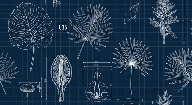 Botanical blueprint illustration with palm leaves and floral elements
