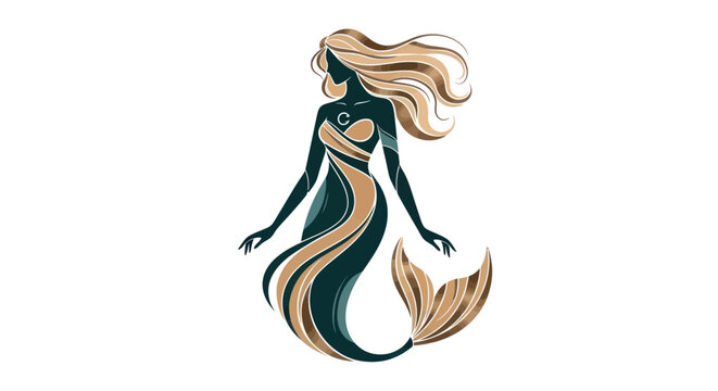 Elegant mermaid silhouette with flowing hair and tail on white background