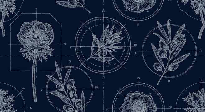 Botanical blueprint pattern floral and branch elements on dark blue background