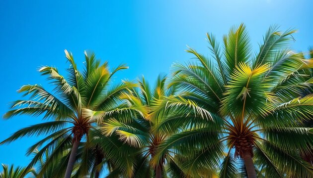 Majestic royal palms, lush green fronds against a vibrant blue sky, sunny, palm tree