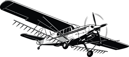 Black and white illustration of an agricultural crop duster airplane in flight. © Vhya