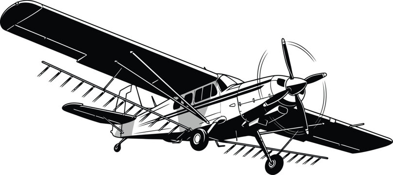 Black and white illustration of an agricultural crop duster airplane in flight.