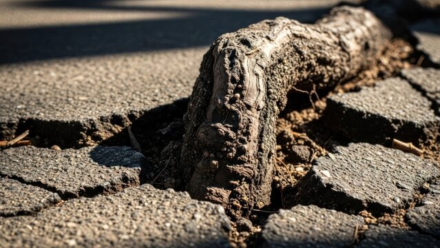 A tree root erupts through cracked asphalt, a testament to nature's relentless power