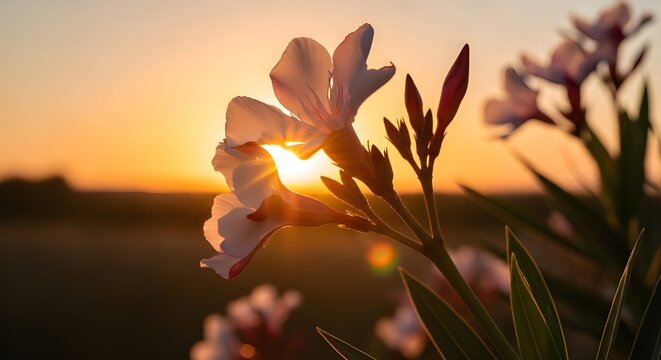 Cinematic nature photograph of blooming adelfa Nerium oleander flowers during golden sunset hour,