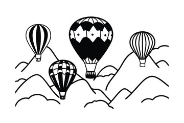 Naklejka premium Hot Air Balloons Ascending Over Mountainous Landscape.