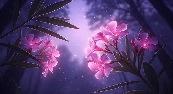 Dreamy fantasy scene featuring glowing adelfa Nerium oleander blossoms in enchanted twilight garden.