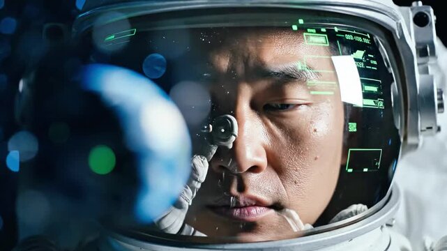 A close-up portrait of an astronaut in a white spacesuit with a reflective helmet visor