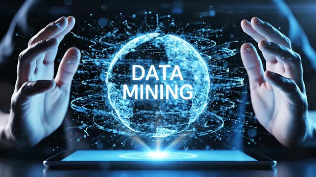 Hands interacting with glowing data mining sphere on digital tablet