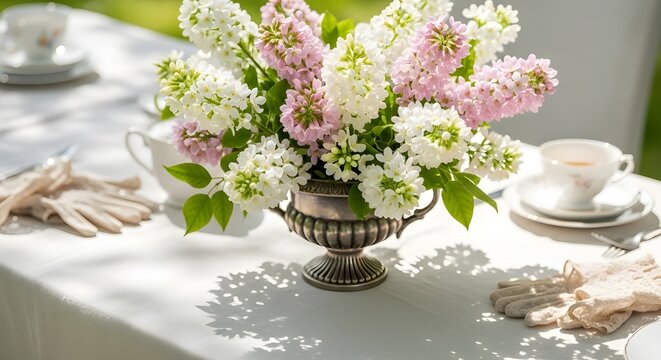 Regency garden party setting featuring a refined floral centerpiece composed entirely of blooming white and pale pink adelfa branches arranged in a vintage silver urn