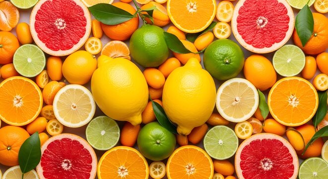 Assortment of citrus fruits overhead view