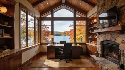 Cozy home office overlooking lake, wooden cabin interior with fireplace and large windows, remote work and lifestyle comfort