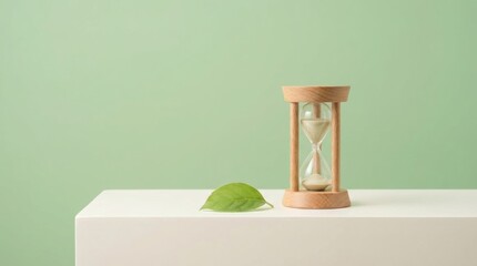 Hourglass Standing With Green Leaf, Minimal Studio Background, Time Sustainability And Natural Balance Concept