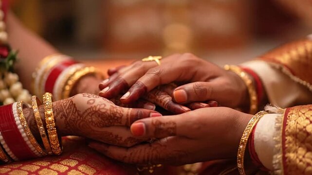 A close-up shot captures the sacred union of a couple's hands, adorned with traditional wedding jewelry and henna designs, symbolizing their lifelong commitment