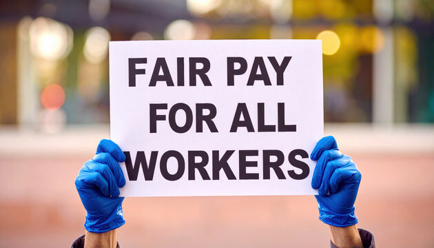 Gig economy worker rights protest sign fair pay for all worker demand equality outdoor scene