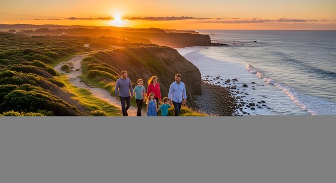 Family walking along coastal path at sunset