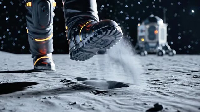 A close-up of an astronaut's legs in a spacesuit on the moon's surface with a lunar module in the background