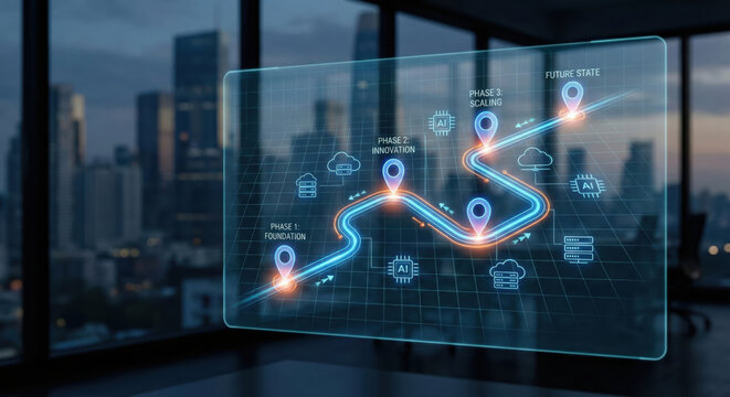 Strategic technology roadmap for business innovation future state digital transformation planning concept in modern office
