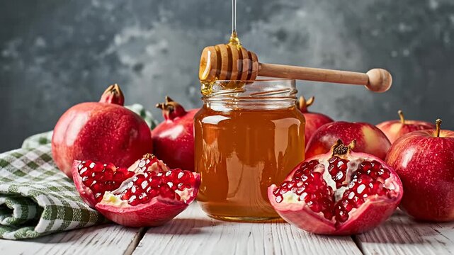 Sweet honey dripping on wooden dipper with fresh autumn fruits