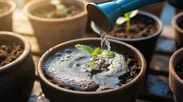 A close-up shot of a small green plant seedling being watered in a terracotta pot, with water bubbling on the soil surface.