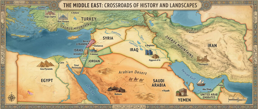 Map of the Middle East showing historical sites, countries, and geographical features