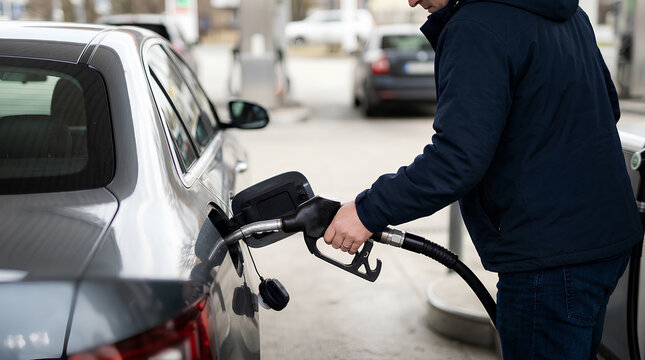 ガソリンスタンドで愛車に給油する男性｜A man refueling his car at a self-service gas station during a winter evening