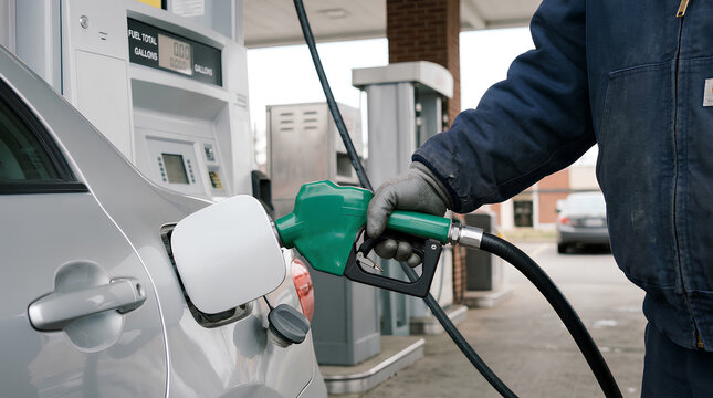 ガソリンスタンドで愛車に給油する男性｜A man refueling his car at a self-service gas station during a winter evening