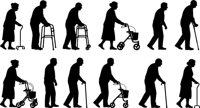 Elderly people using walking aid silhouette set collection. Senior pensioner people walking with walking aids vector silhouette.
