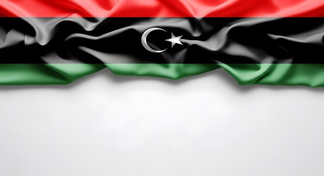 Wavy Libyan flag with crescent and star against a clean white background.