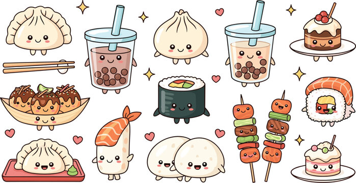 Cute Japanese food and boba tea character collection featuring sushi dim sum takoyaki and bubble milk tea for restaurant menus and kawaii sticker design