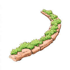 Curved dirt trail with green shrubs and rocky edging, hand drawn garden path with vegetation and natural stones evoking calm outdoor scene