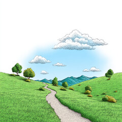 Rolling green hillside path winding through meadow toward distant blue mountains with scattered trees and soft clouds