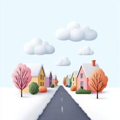 Snowy street with colorful houses and pastel trees under soft clouds creating cozy winter scene