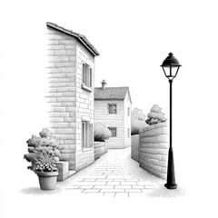 Narrow alley stone house cobblestone path street lamp potted plant Mediterranean village stone wall tiled roof window pathway shrub chimney