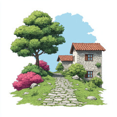 Stone cottage path with tile roof and tree beside flowering shrubs creating peaceful countryside scene