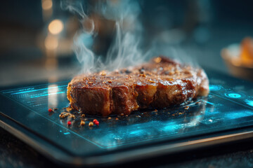Sizzling steak cooked meat grilling smoke peppercorn close up tabletop