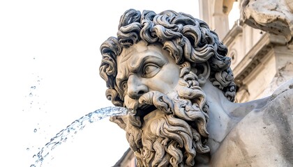 Obraz premium A close-up view of a weathered marble sculpture, featuring a bearded face, with water elegantly cascading from its mouth