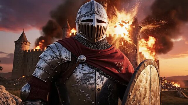 Brave Knight Stands Guard Against Burning Castle Siege Epic Battle