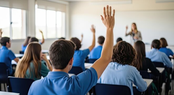 A classroom scene shows several students raising their hands to ask questions. A teacher stands at the front of the class, gesturing and speaking.