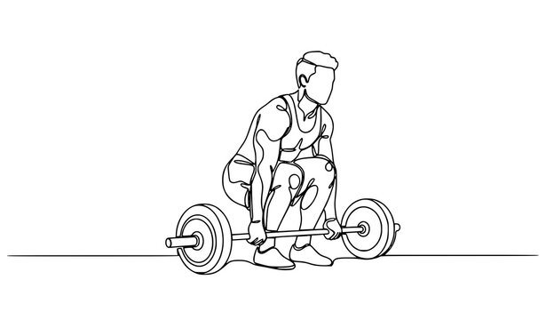 Minimal continuous line drawing of strong man preparing for barbell workout gym fitness vector
