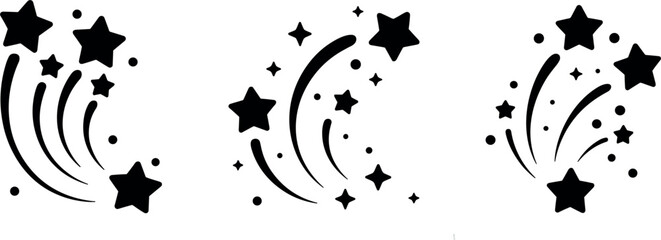 Set of black shooting star icons, creative firework display symbols, elegant magic trail elements for design, isolated © MdSayed