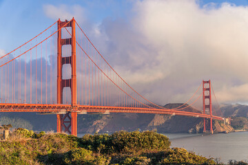 Golden Gate Bridge at Golden Hour with Warm Sunset Light