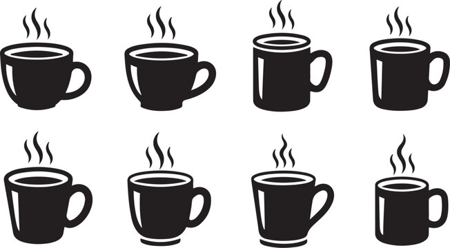 Eight black coffee cups with steam rising illustration set
