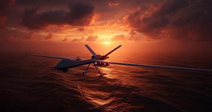 Advanced unmanned aerial vehicle patrols vast open waters during a breathtaking sunset, symbolizing modern surveillance capabilities and strategic aerial operations