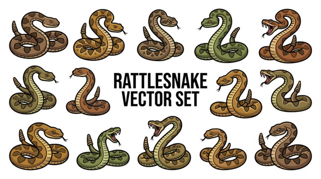 Detailed vintage rattlesnake vector set. Colored engraved style venomous snake collection, striking and coiled wild reptiles illustration.