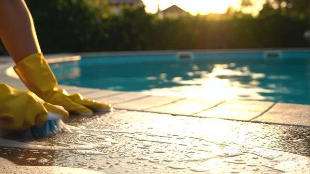 Person wearing bright yellow protective gloves diligently scrubs the damp poolside decking tiles with a stiff brush during golden hour sunlight creating suds.