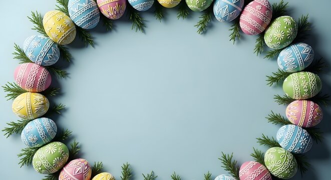Easter sunday celebration with colorful easter eggs and greenery wreath decoration