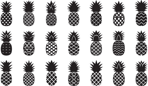 Various black pineapple silhouettes on white background pattern design