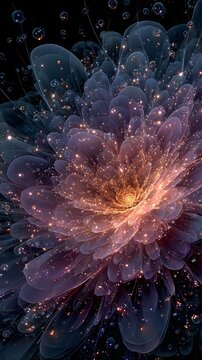 Ethereal fractal flower with shimmering golden and purple petals surrounded by luminous bubbles and sparks. 